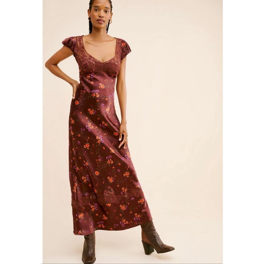 Free People Sz L Butterfly Babe Maxi Dress Floral Satin Lace Cutout Burgundy Pur - Picture 2 of 15